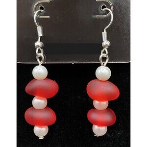 Red Sea Glass & Faux Pearl Earrings by Neanie-Bot